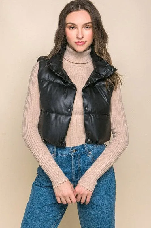 Love Tree Faux Leather Puffer Vest With Snap Button