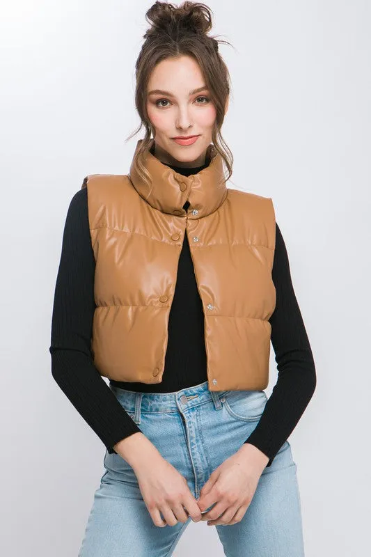 Love Tree PU Faux Leather puffer Vest With Snap Button