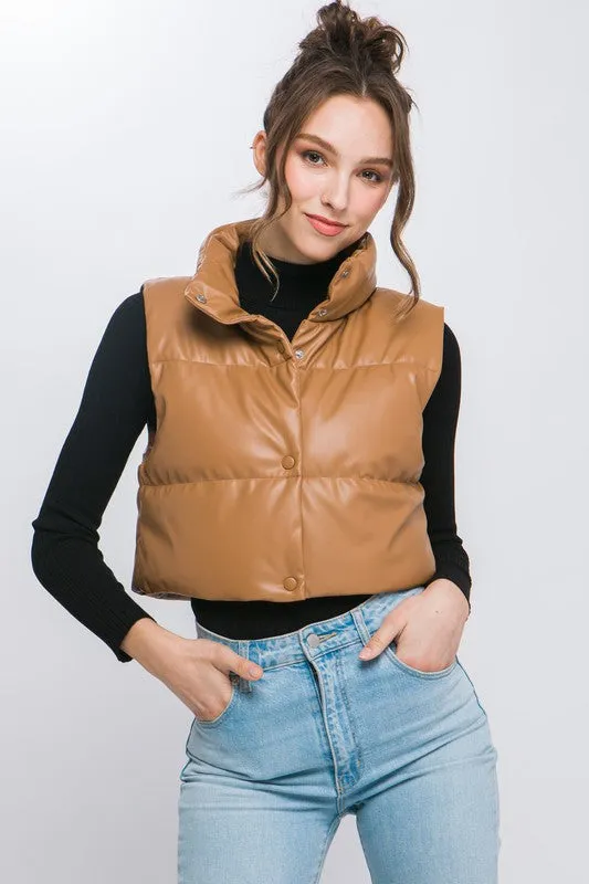 Love Tree PU Faux Leather puffer Vest With Snap Button