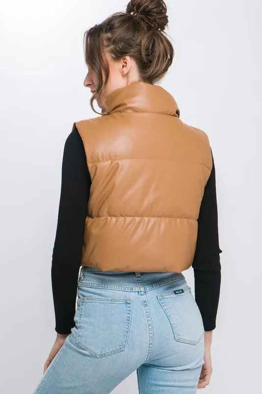 Love Tree PU Faux Leather puffer Vest With Snap Button