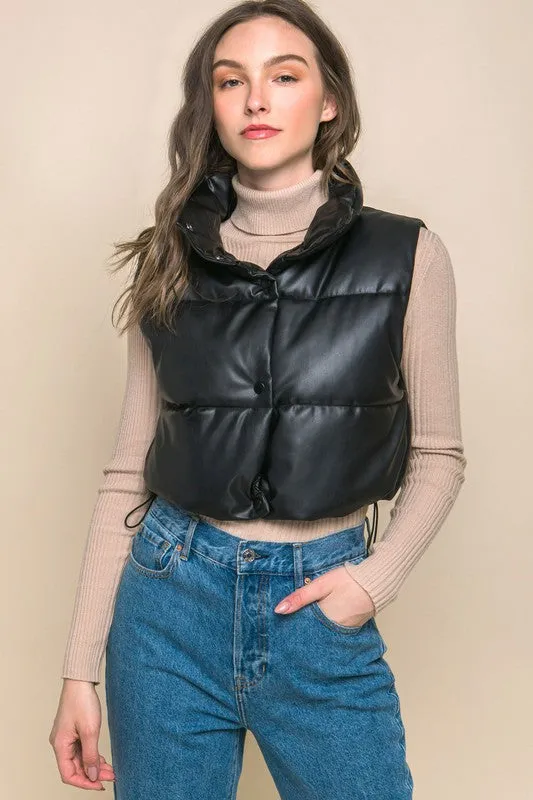 Love Tree PU Faux Leather puffer Vest With Snap Button