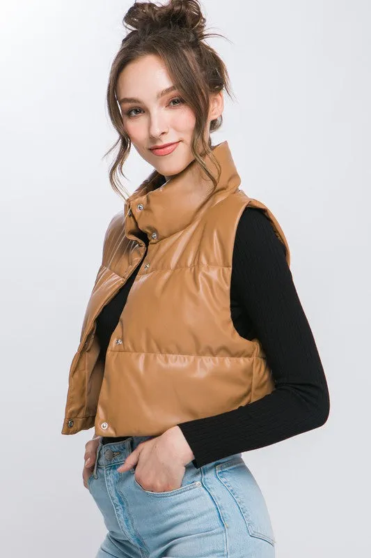 Love Tree PU Faux Leather puffer Vest With Snap Button