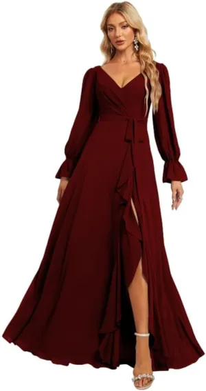 Loyeloy Women's Long Sleeves Bridesmaid Dresses with Slit 2024 V Neck Aline Ruffles Chiffon Aline Formal Evening Gowns