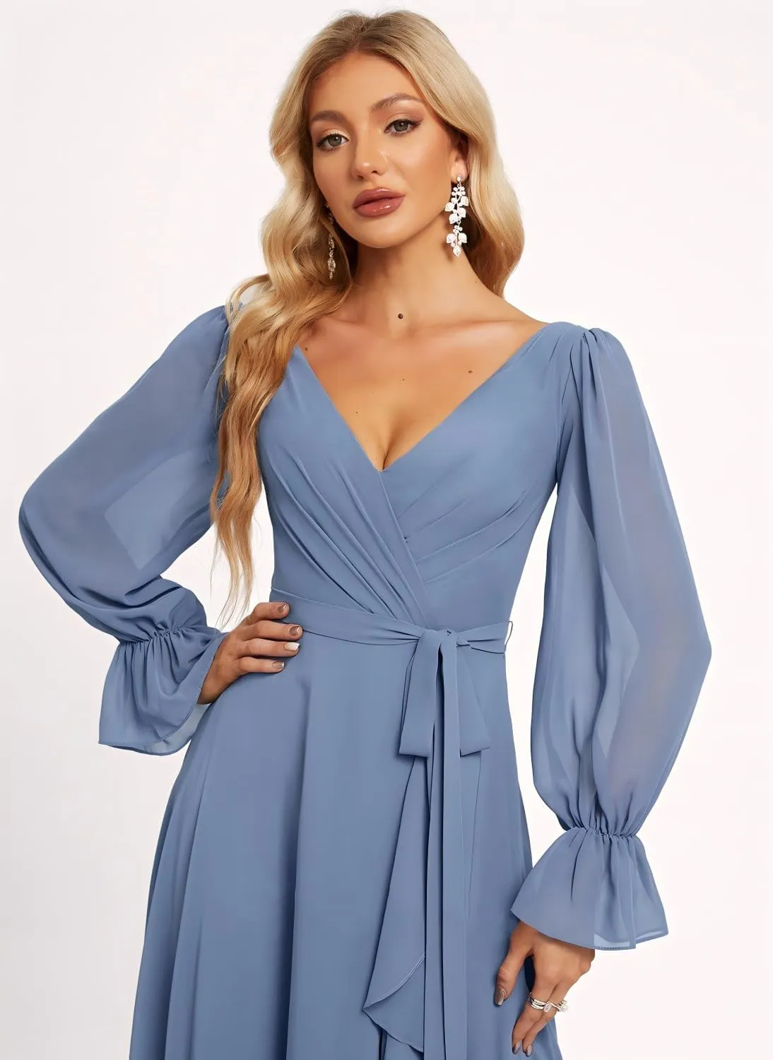 Loyeloy Women's Long Sleeves Bridesmaid Dresses with Slit 2024 V Neck Aline Ruffles Chiffon Aline Formal Evening Gowns