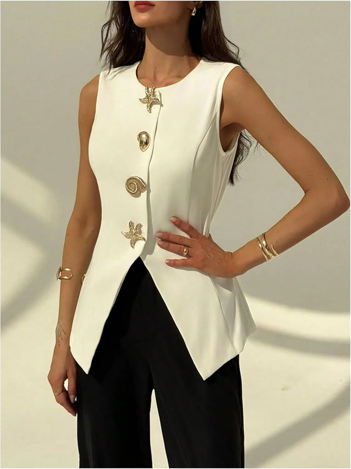 MakeMeChic Women's Sleeveless Blazer Vest Metal Button Down Split Hem Dressy Jacket Waistcoat