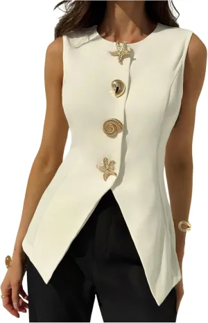 MakeMeChic Women's Sleeveless Blazer Vest Metal Button Down Split Hem Dressy Jacket Waistcoat