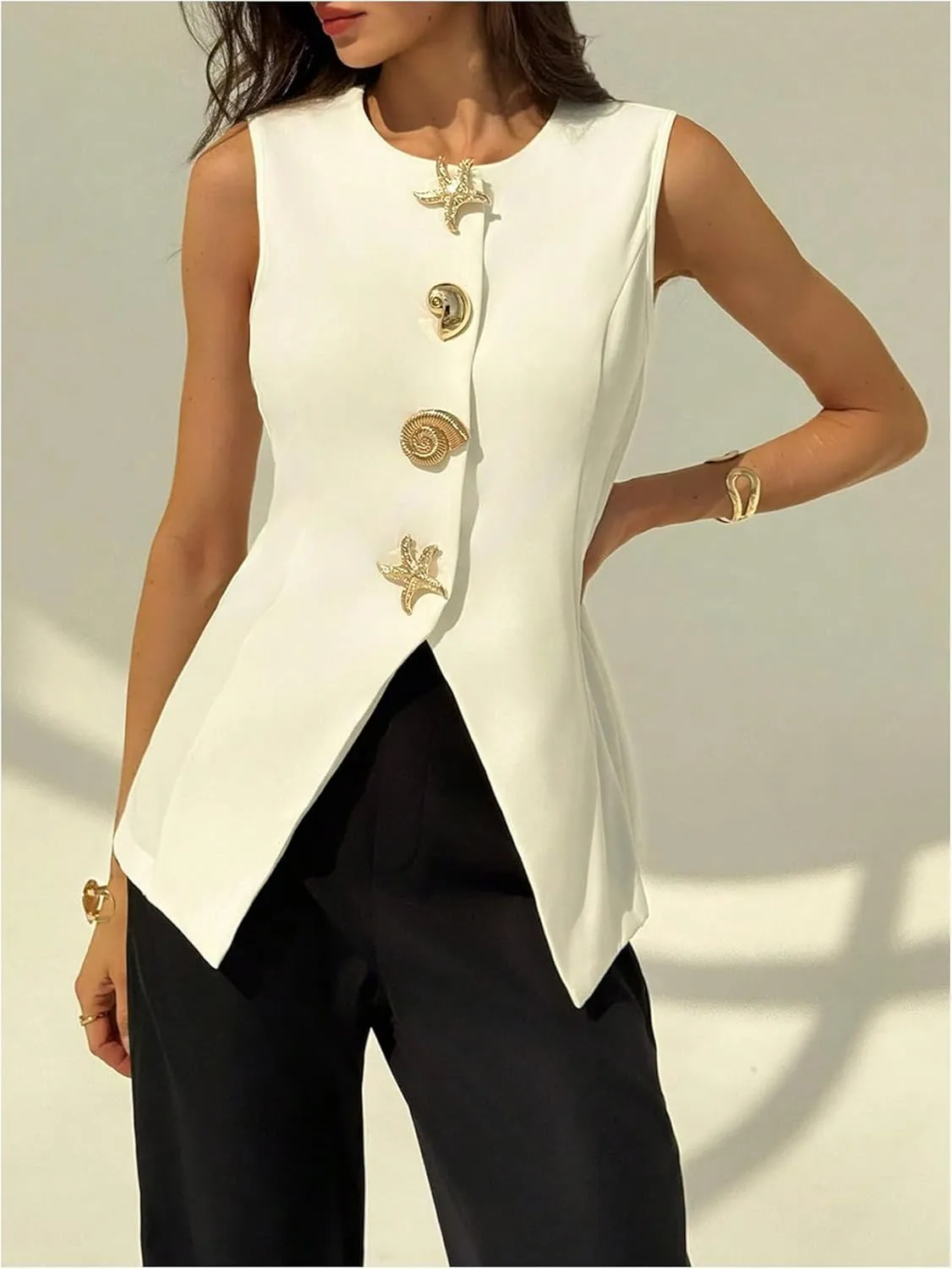 MakeMeChic Women's Sleeveless Blazer Vest Metal Button Down Split Hem Dressy Jacket Waistcoat