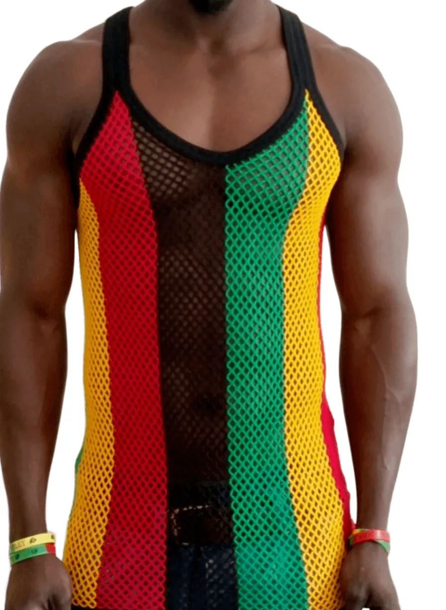 Mens Original Pendeen Vest Men Rasta Mesh Fishnet String Top Cotton Summer Gym Wear