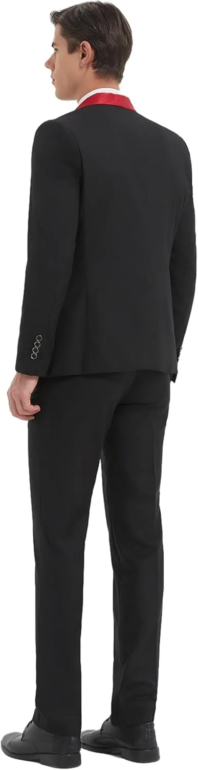 Men's Slim Fit Suit Shawl Lapel with Black Printing Bow Tie 4 Pieces Wedding Prom Dinner Tuxedo Blazer Vest Pants Set