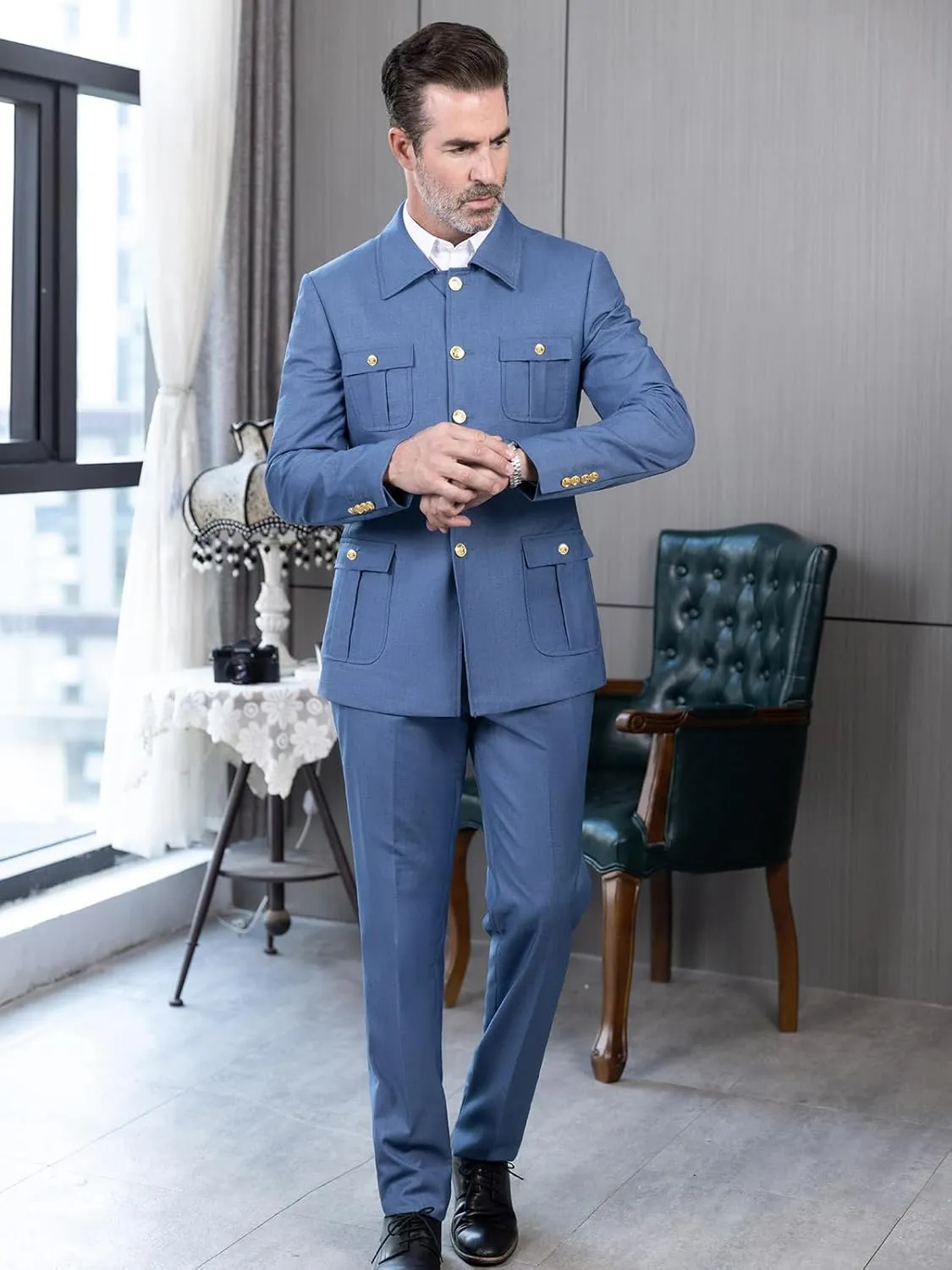Men's Suit 2 Pice Stand Collar Formal Solid Traditional Chinese Wedding Suit for Men Set