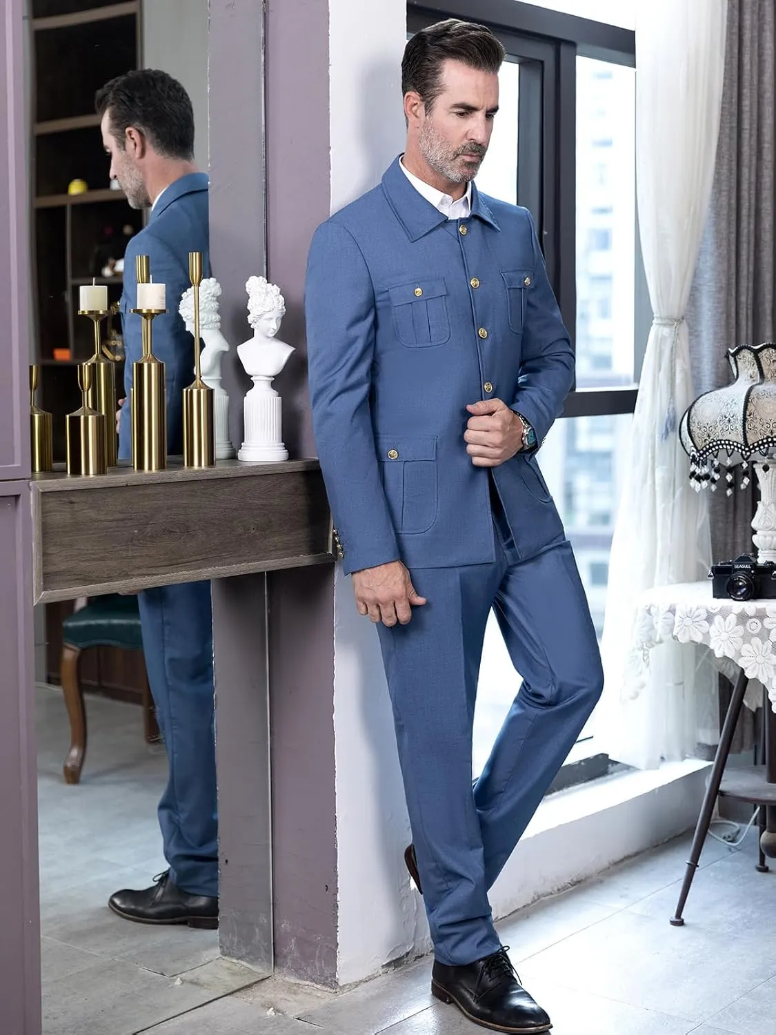 Men's Suit 2 Pice Stand Collar Formal Solid Traditional Chinese Wedding Suit for Men Set