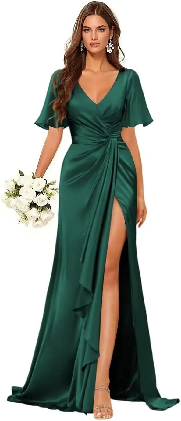 Mermaid V Neck Satin Bridesmaid Dresses for Wedding Long Ruched Split Formal Evening Gowns Ruffle Hem Dress