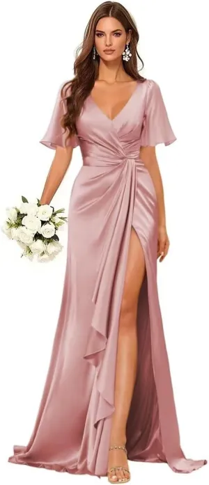 Mermaid V Neck Satin Bridesmaid Dresses for Wedding Long Ruched Split Formal Evening Gowns Ruffle Hem Dress