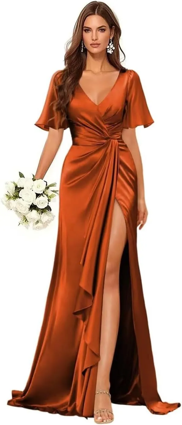 Mermaid V Neck Satin Bridesmaid Dresses for Wedding Long Ruched Split Formal Evening Gowns Ruffle Hem Dress