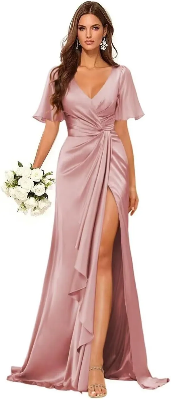 Mermaid V Neck Satin Bridesmaid Dresses for Wedding Long Ruched Split Formal Evening Gowns Ruffle Hem Dress
