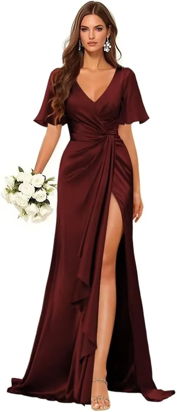 Mermaid V Neck Satin Bridesmaid Dresses for Wedding Long Ruched Split Formal Evening Gowns Ruffle Hem Dress