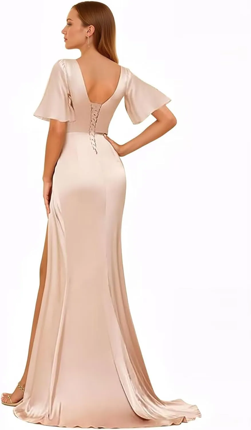 Mermaid V Neck Satin Bridesmaid Dresses for Wedding Long Ruched Split Formal Evening Gowns Ruffle Hem Dress