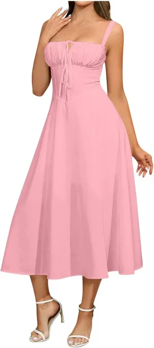 Midi Corset Dress Boho Flowy Slit Lace Up Dresses for Women Going Out A Line Casual Sundress Vacation Beach Dress