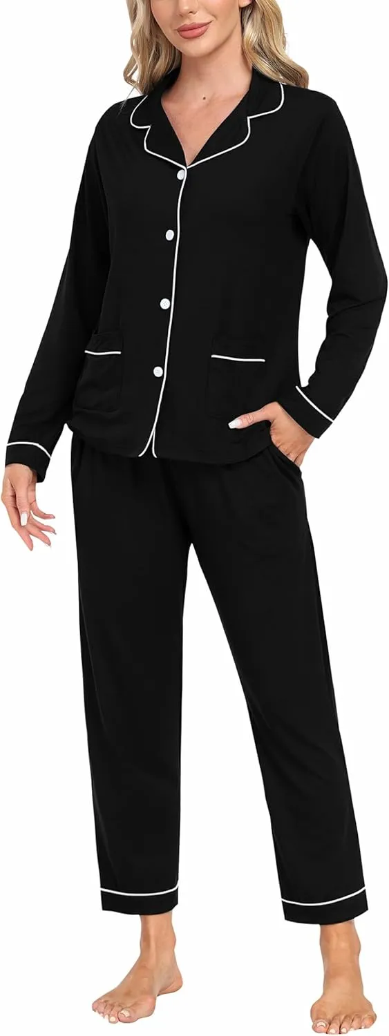 MoFiz Womens Pajama Set 2 Piece Long Sleeve Plaid Pjs V Neck Drawstring Elastic Waist Sleepwear Nightwear Lounge Set Comfy