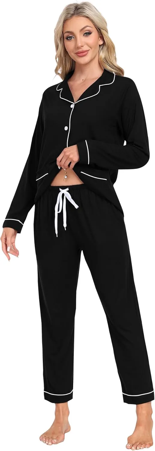 MoFiz Womens Pajama Set 2 Piece Long Sleeve Plaid Pjs V Neck Drawstring Elastic Waist Sleepwear Nightwear Lounge Set Comfy