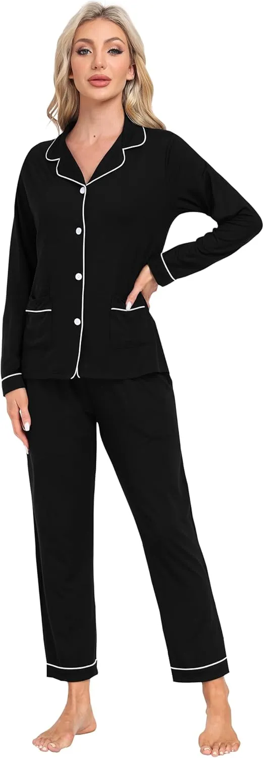MoFiz Womens Pajama Set 2 Piece Long Sleeve Plaid Pjs V Neck Drawstring Elastic Waist Sleepwear Nightwear Lounge Set Comfy