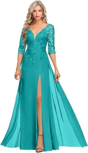 Mother of The Bride Dresses for Wedding 3/4 Sleeve Mother of The Groom Dresses Chiffon Lace Sequin Formal Dress