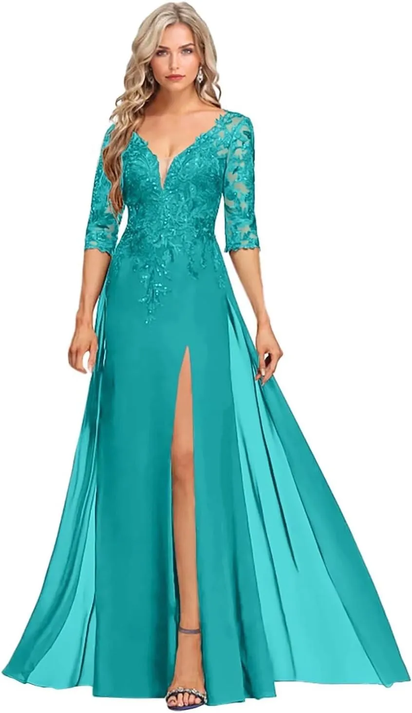 Mother of The Bride Dresses for Wedding 3/4 Sleeve Mother of The Groom Dresses Chiffon Lace Sequin Formal Dress