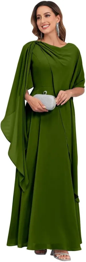 Mother of The Bride Dresses for Wedding Crew Neck A Line Corset Back Chiffon Long Formal Dress with Cape