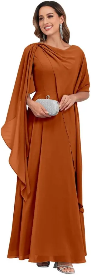Mother of The Bride Dresses for Wedding Crew Neck A Line Corset Back Chiffon Long Formal Dress with Cape