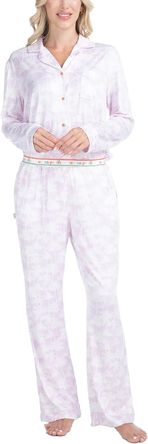 Ocean Pacific All the Vibes Women's Pajama Set - Notch Collar Button Down and Sleep Pants, Soft 2 Piece Matching Loungewear