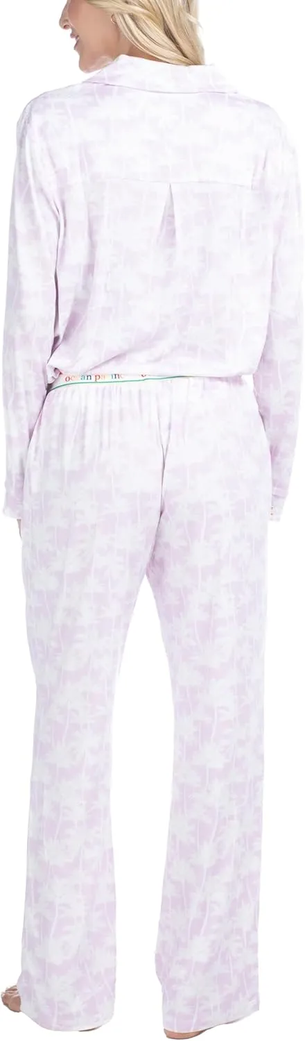 Ocean Pacific All the Vibes Women's Pajama Set - Notch Collar Button Down and Sleep Pants, Soft 2 Piece Matching Loungewear