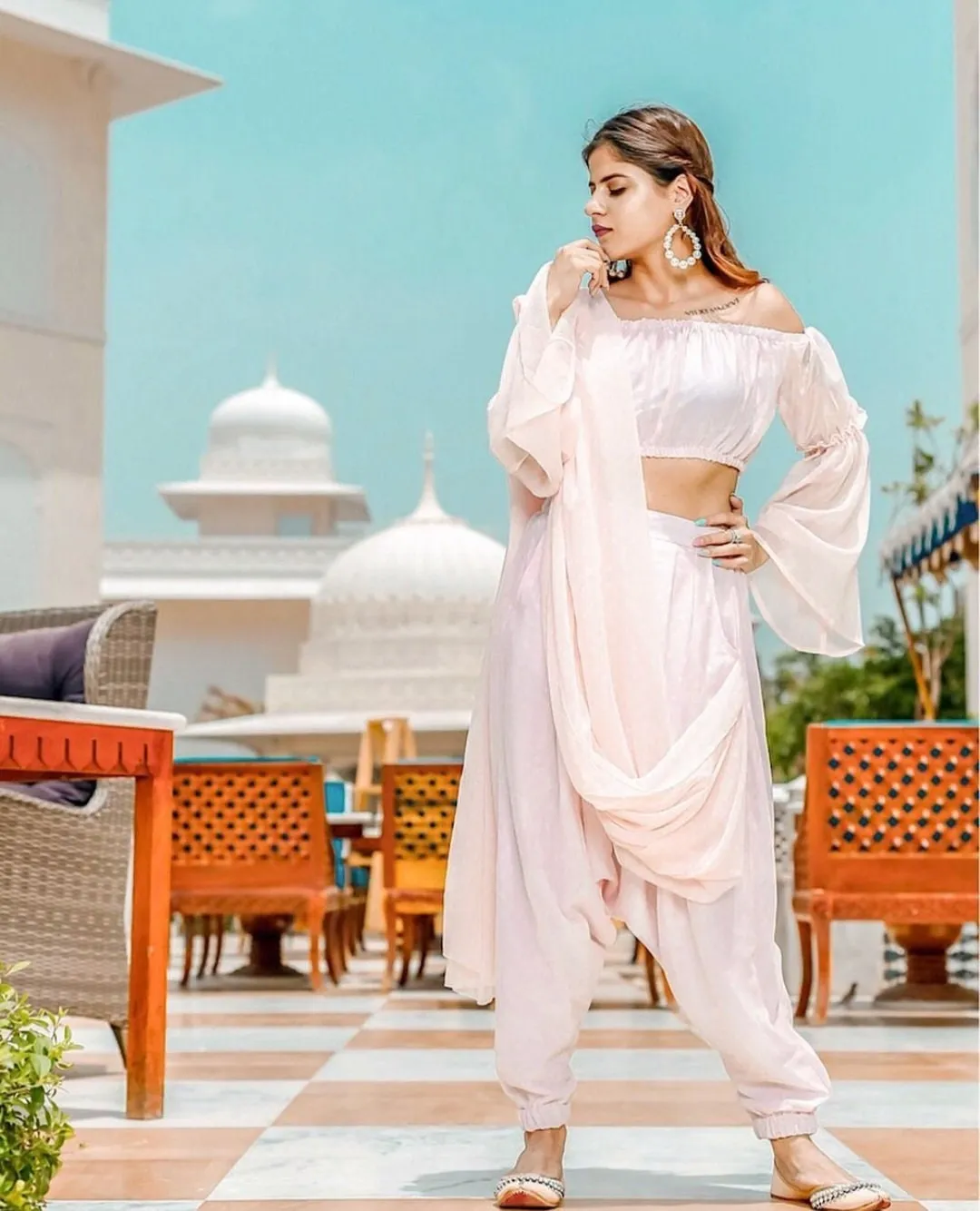 Off Shoulder Crop Top With Dhoti Pants And Attached Dupatta Set | Dhoti Saree