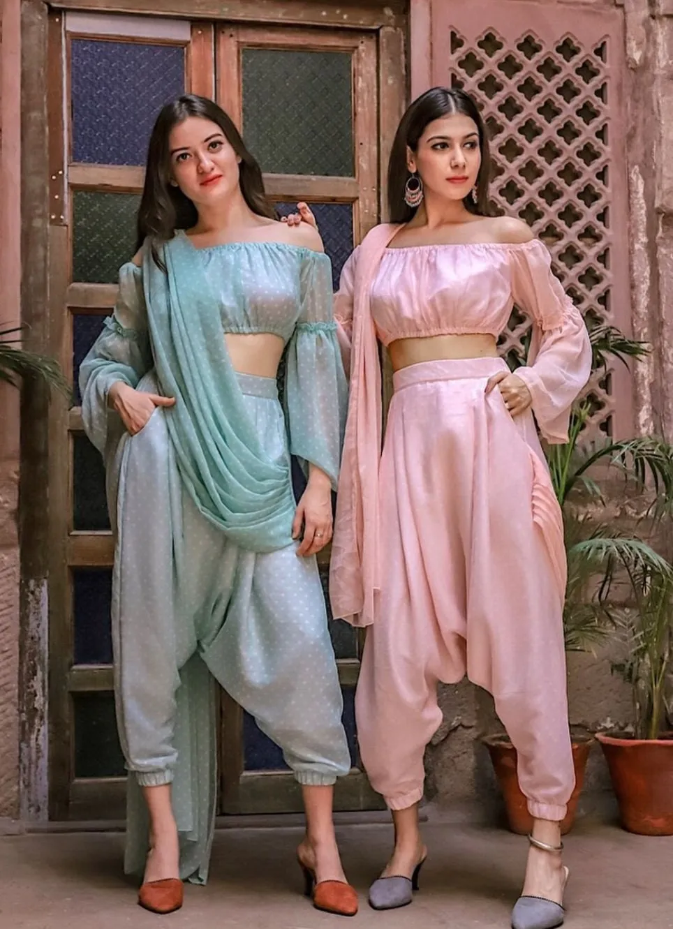Off Shoulder Crop Top With Dhoti Pants And Attached Dupatta Set | Dhoti Saree