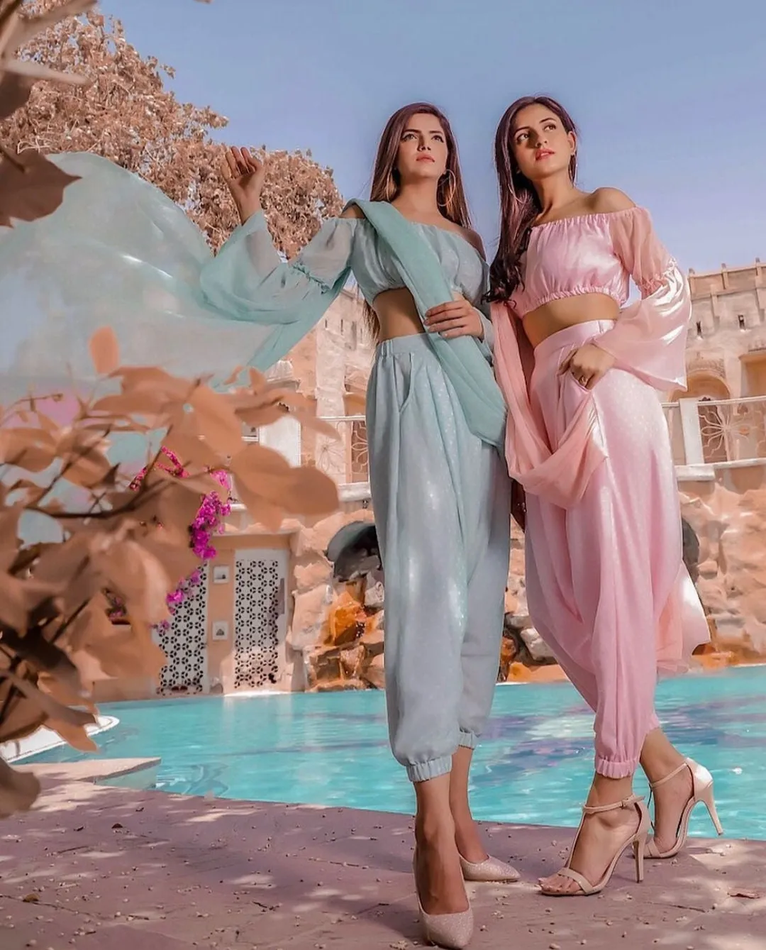 Off Shoulder Crop Top With Dhoti Pants And Attached Dupatta Set | Dhoti Saree
