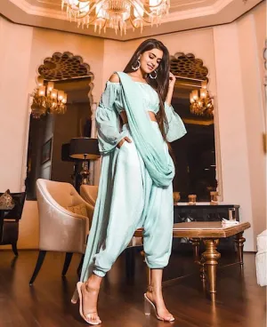 Off Shoulder Crop Top With Dhoti Pants And Attached Dupatta Set | Dhoti Saree