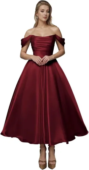 Off Shoulder Satin Wedding Dresses for Bride Tea Length A Line Prom Dresses Pleated Modest Cocktail Party Gown