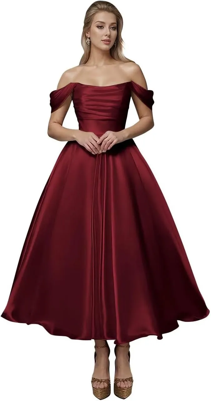 Off Shoulder Satin Wedding Dresses for Bride Tea Length A Line Prom Dresses Pleated Modest Cocktail Party Gown
