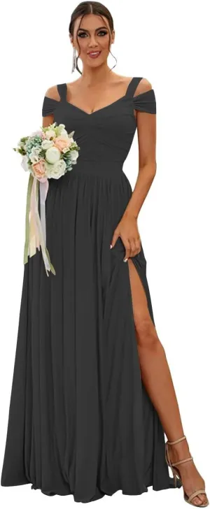 Off The Shoulder Bridesmaid Dresses with Silt Chiffon Pleated A Line Formal Evening Gown for Women 2025