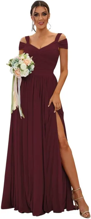 Off The Shoulder Bridesmaid Dresses with Silt Chiffon Pleated A Line Formal Evening Gown for Women 2025