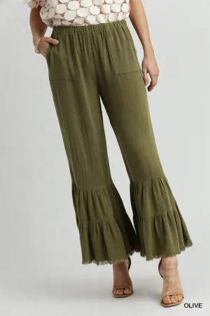 Olive Linen Ruffle Leg Pant #037