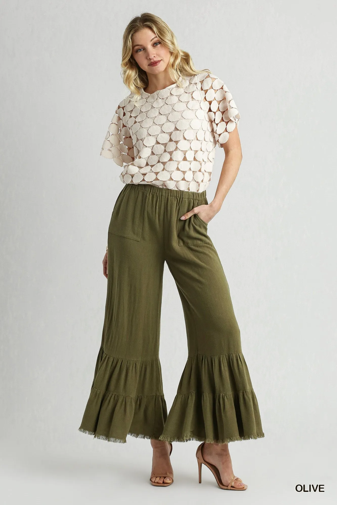 Olive Linen Ruffle Leg Pant #037