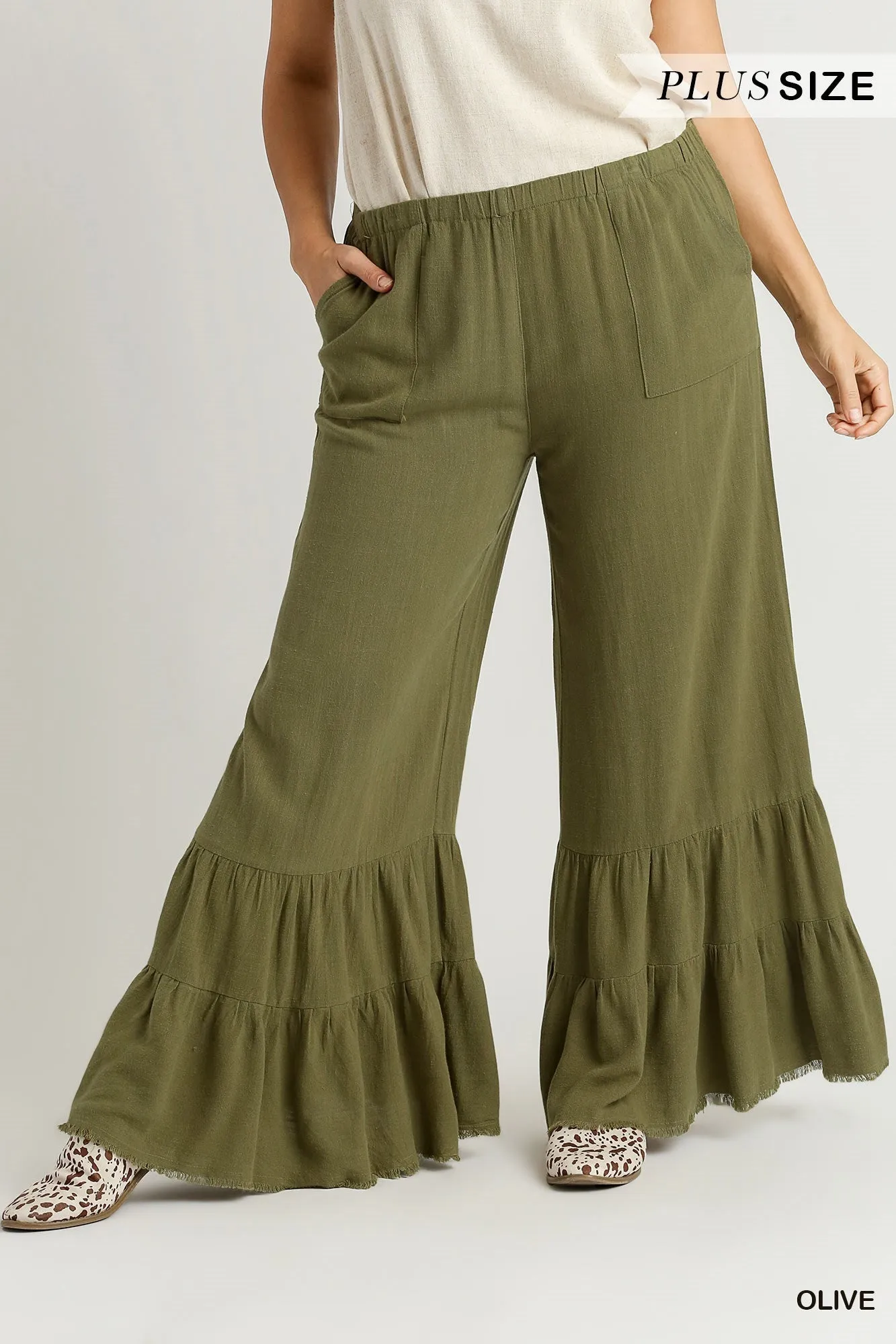 Olive Linen Ruffle Leg Pant #037