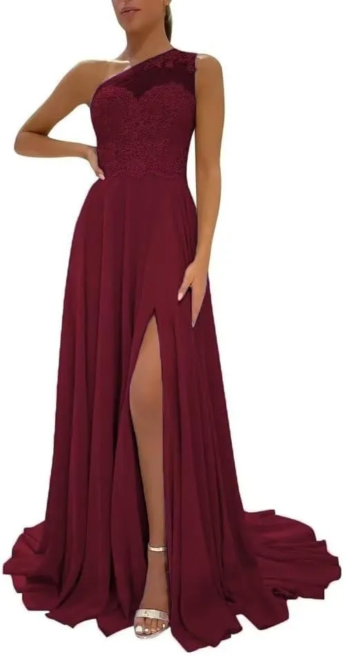 One Shoulder Chiffon Prom Dress 2024 Laces Appliques A-Line Formal Evening Dress for Women with Split