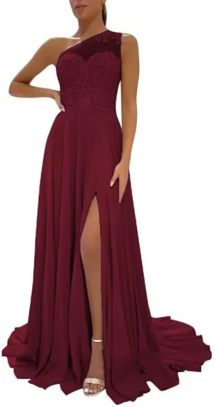 One Shoulder Chiffon Prom Dress 2024 Laces Appliques A-Line Formal Evening Dress for Women with Split