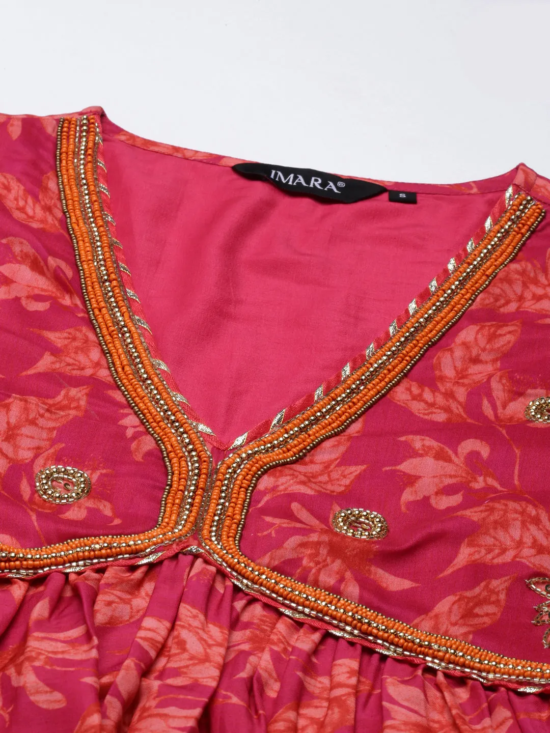 Pink Floral Printed Gathered Kurta Set