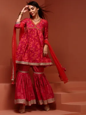 Pink Floral Printed Gathered Kurta Set