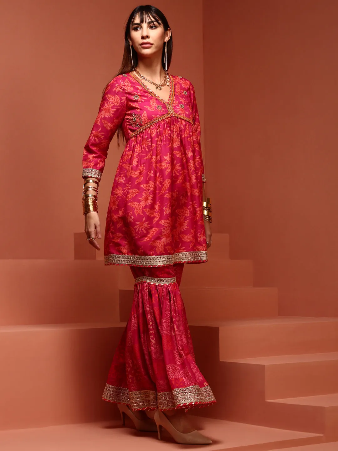 Pink Floral Printed Gathered Kurta Set