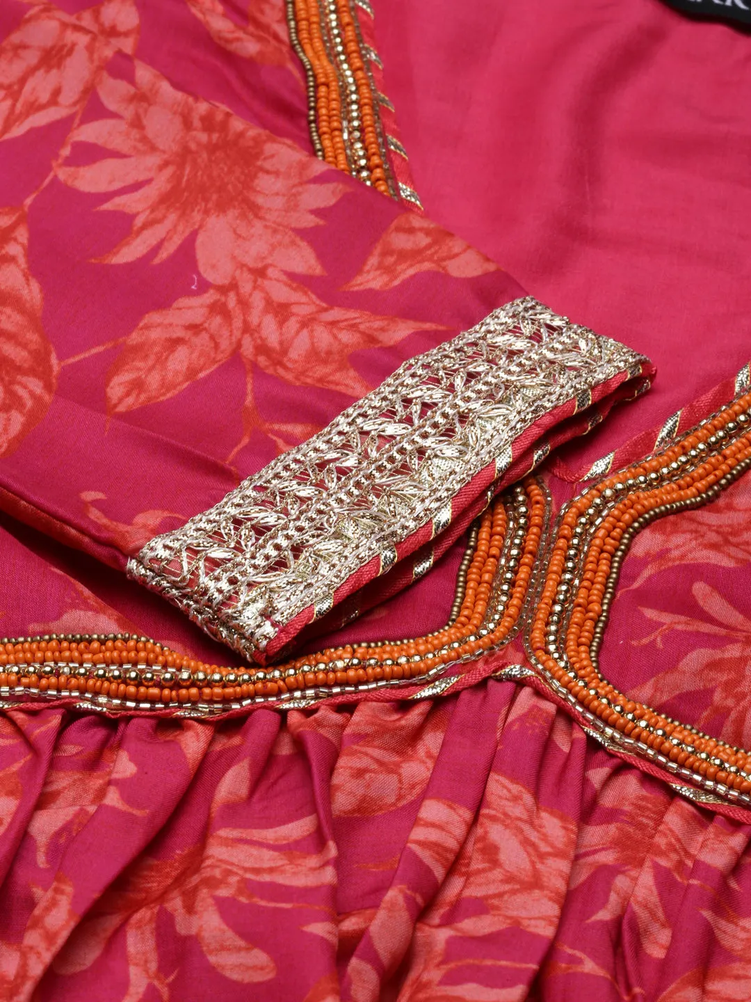 Pink Floral Printed Gathered Kurta Set