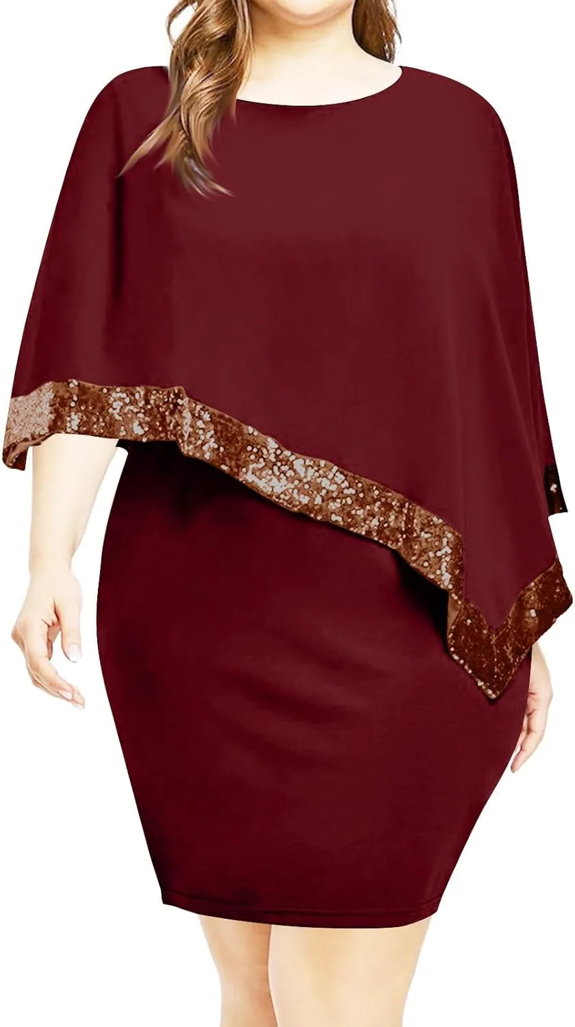 Plus Size Cape Dresses for Women with Metallic Trim Chiffon Overlay Bodycon Pencil Dress Wedding Cocktail Party Dress