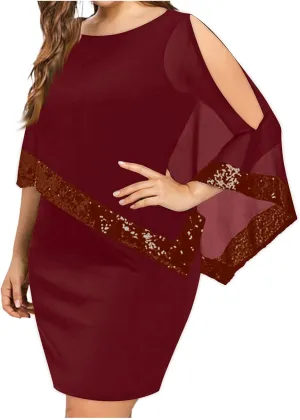 Plus Size Cape Dresses for Women with Metallic Trim Chiffon Overlay Bodycon Pencil Dress Wedding Cocktail Party Dress